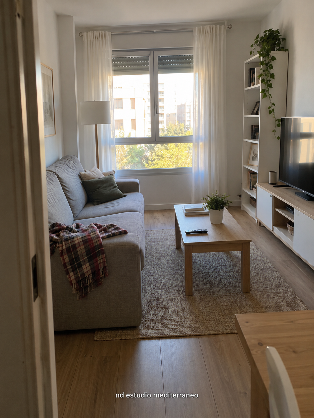 Zona de estar con sofá claro, mesa de centro y estantería con televisión