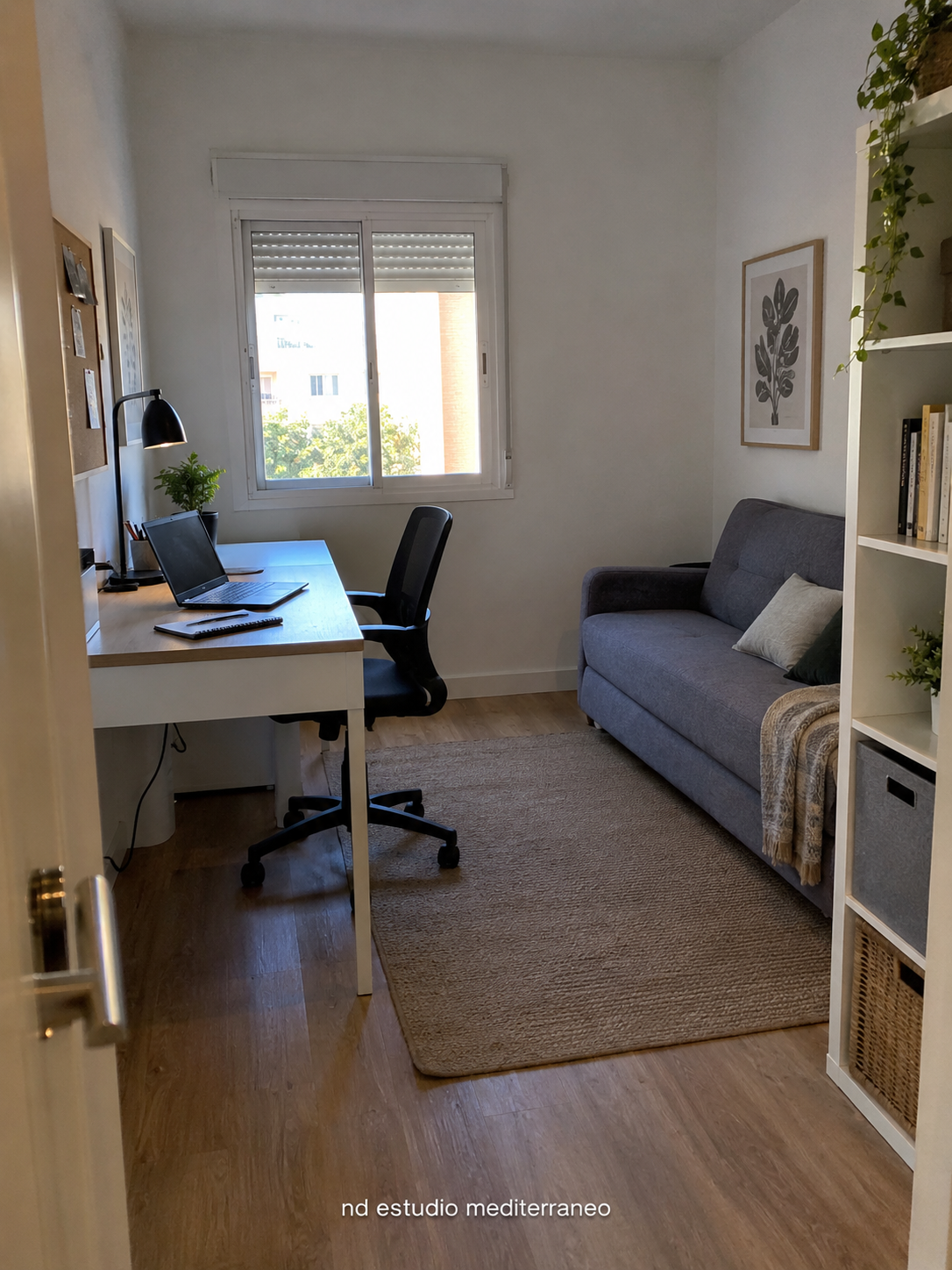 Habitación con escritorio, estantería y sofá cama gris