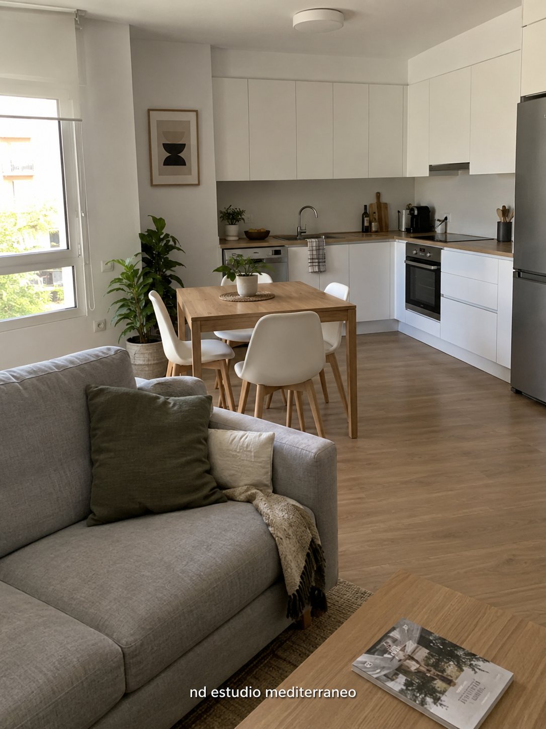 Salón con cocina abierta, muebles blancos y acabados en madera clara