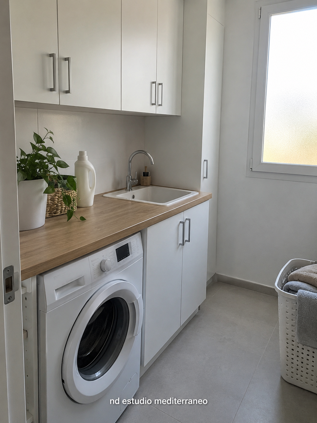 Lavadero con armarios blancos, lavadora y encimera efecto madera