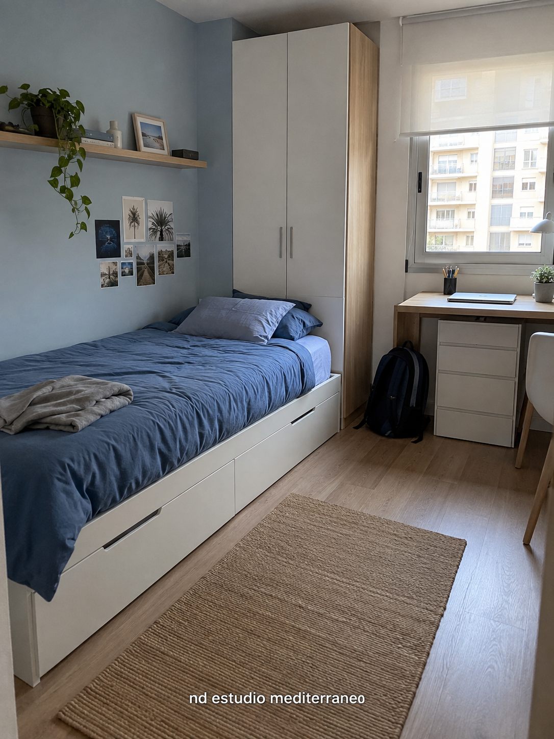 Dormitorio juvenil con cama nido, armario empotrado y escritorio integrado