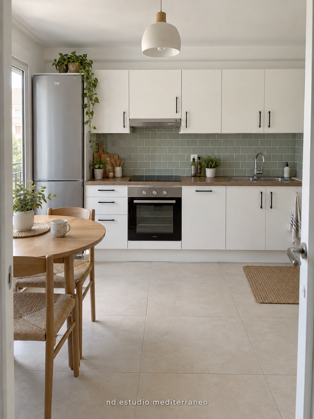 Cocina blanca con encimera de madera y azulejo verde suave